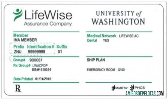 Cartão de seguro saúde LifeWise Company da Universidade dos EUA de Washington exemplo